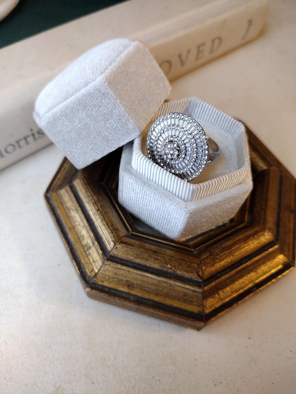 White Rhodium Quartz Pavé Round Cocktail Ring